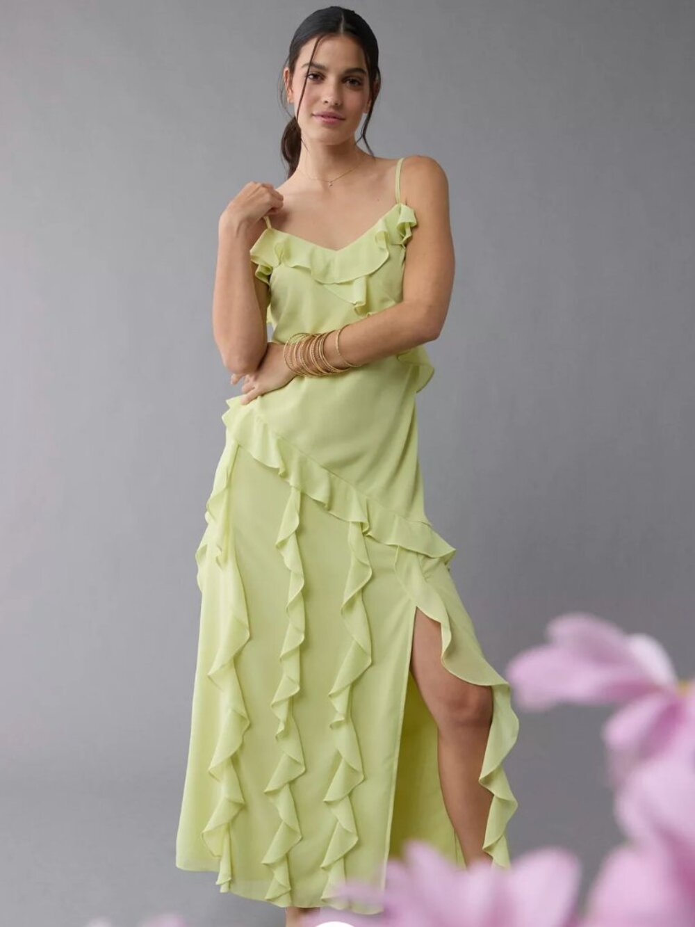American Eagle Light Lime Green Ruffle Maxi Dress